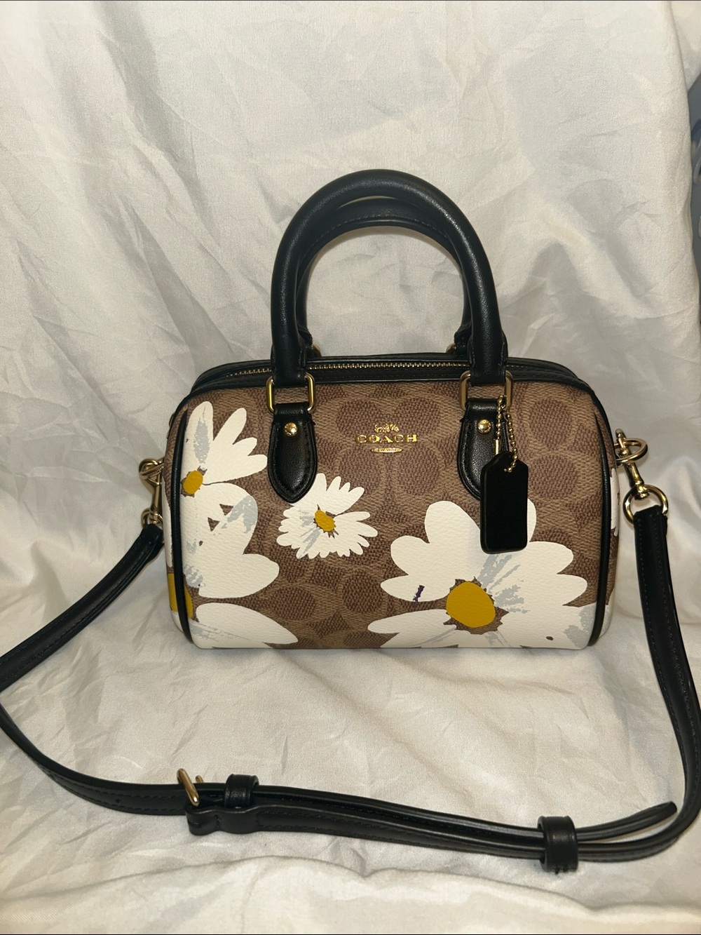 Coach Brown Signature Daisy Print Mini Satchel with Black Trim